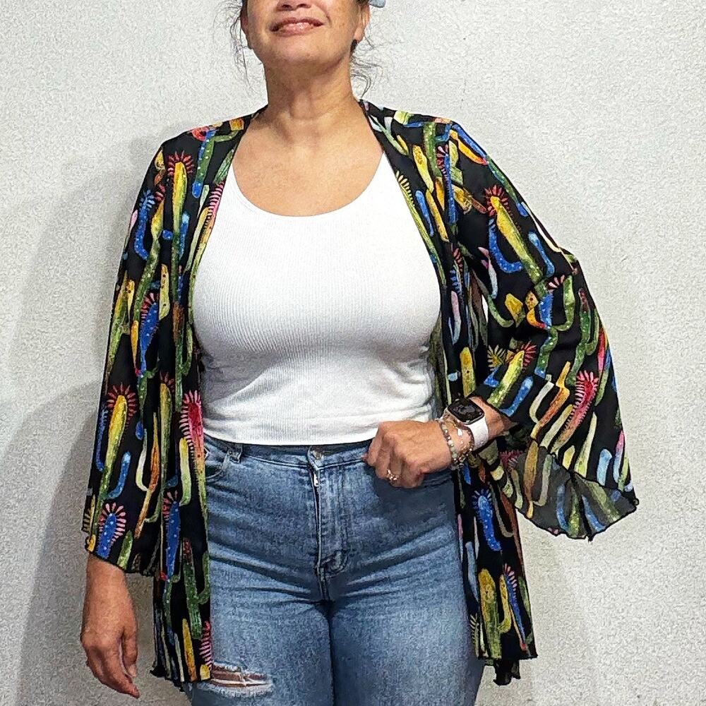 Lucky & Blessed Black Cactus Kimono Sz S - Picture 5 of 13